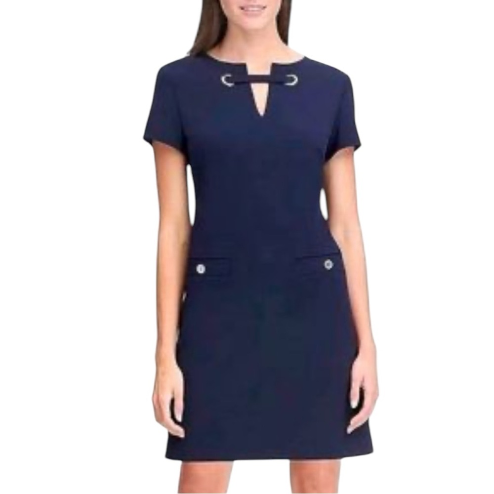 Tommy Hilfiger Women's Dress Navy Blue Size 14 Sheath Grommet Neck